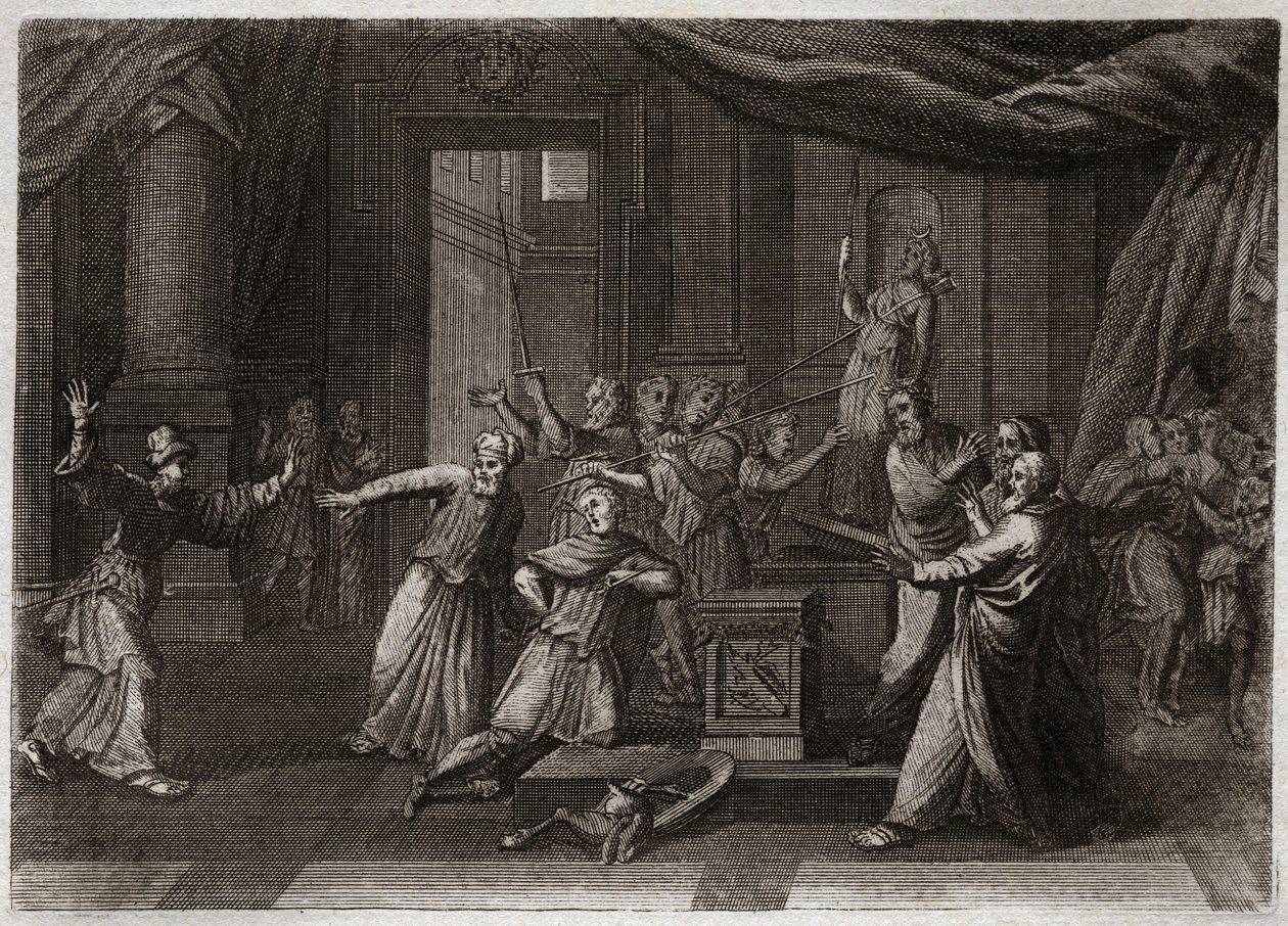 Bible of Royaumont, Old Testament: Generosite of Matathias. Mathathias (Mattathias), father of the Machabees (Maccabees, Macabees), kills a Jew who sacrificed to Idols by a holy zele of the law of God. Illustration from 1811. av Unknown artist
