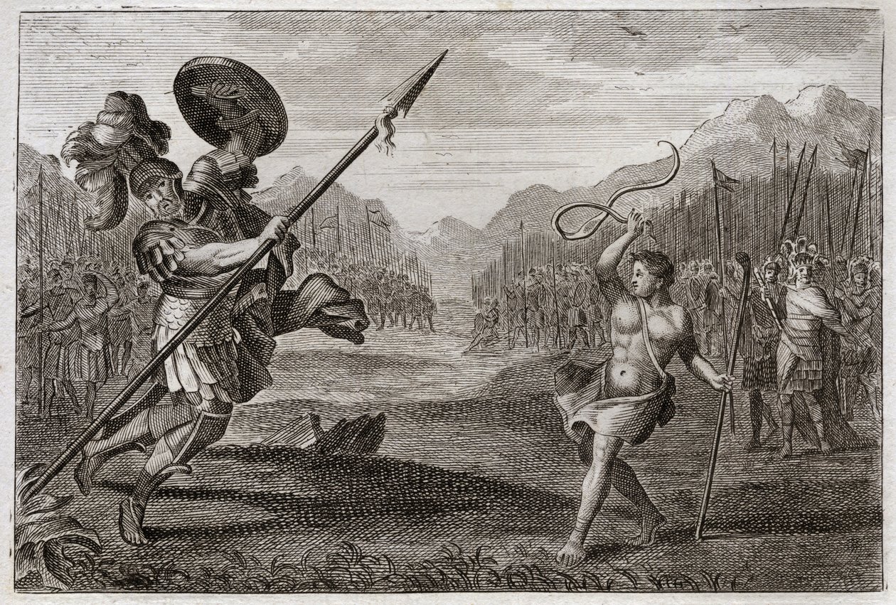 Bible of Royaumont, Old Testament: Giant Goliath. Goliath, Philistine, of prodigious greatness, is defeated by David, weapon only with a sling and a stick. Illustration from 1811. av Unknown artist