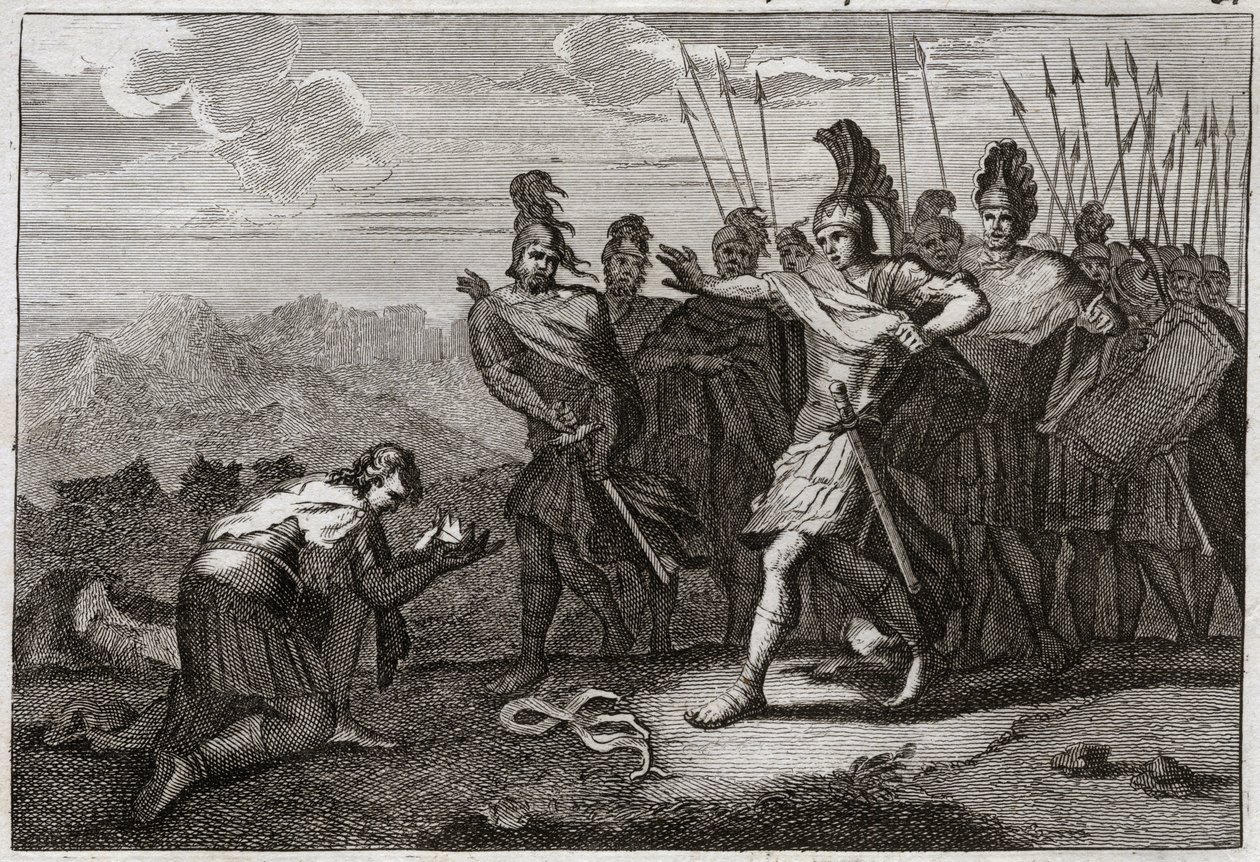 Bibelen til Royaumont, Det gamle testamente: Sauls hode. Filisterne nyter Sauls død, og ofrer hodet hans til deres avgud. David angrer på døden og drar til Judee, eller han blir anerkjent som konge i Hebron. Illustrasjon fra 1811. av Unknown artist