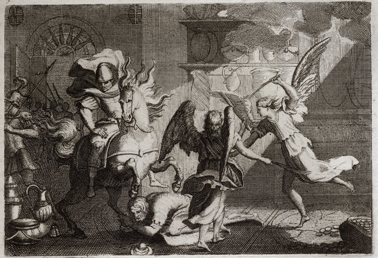 Bibelen til Royaumont, Det gamle testamente: Heliodor på jakt etter templet. Heliodore (Heliodoros) sendt av sin hersker for å plyndre Jerusalems tempel, ble slått med meter av engler. Illustrasjon fra 1811. av Unknown artist