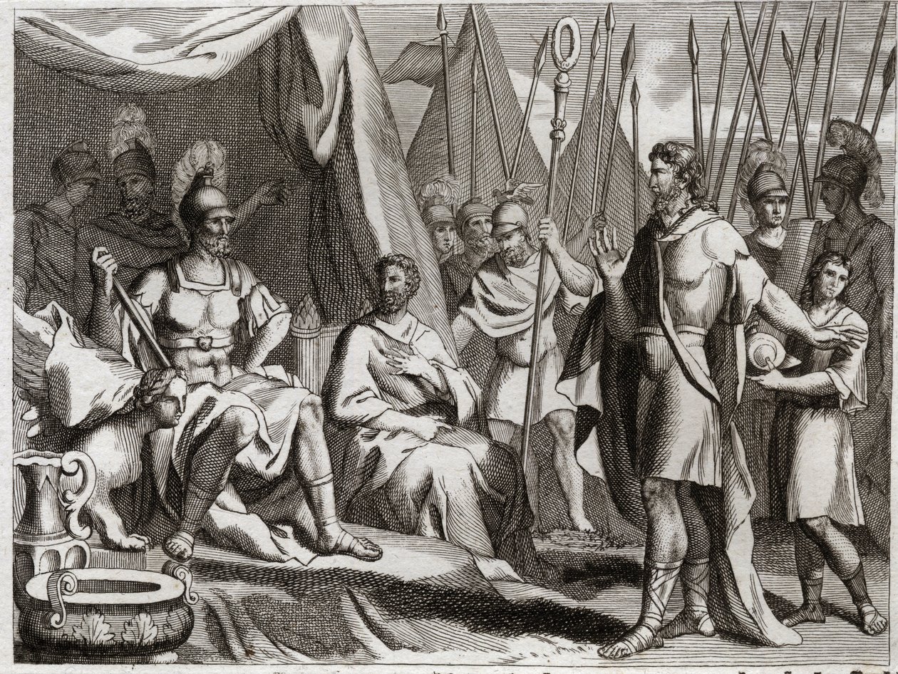 Bible of Royaumont, Old Testament: Holoferne. General of the Arm of Nebuchadnezzar II, Holoferne approaches Judea. Ahior, King of the Ammonites, who came to give back to him, lifts up before Holoferne the power of the God of the Jews. Illustration from 181 av Unknown artist