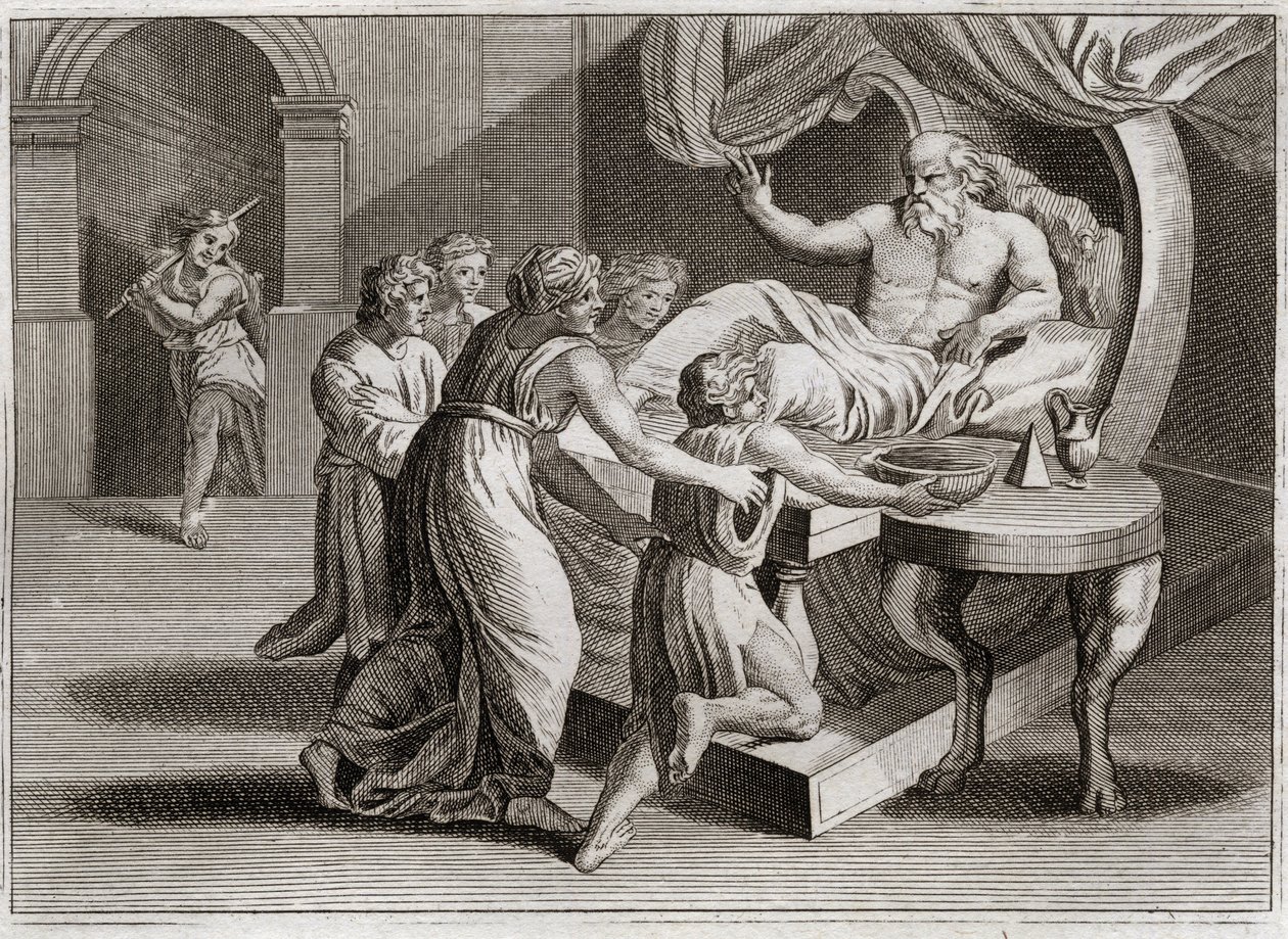 Bibelen til Royaumont, Det gamle testamente: Isak velsignet Jakob. Isak, som ønsker å velsigne Esau, gir Jakob sin velsignelse ved Rebekkas visdom, som hun tilhørte i henhold til Guds plan. Illustrasjon fra 1811. av Unknown artist