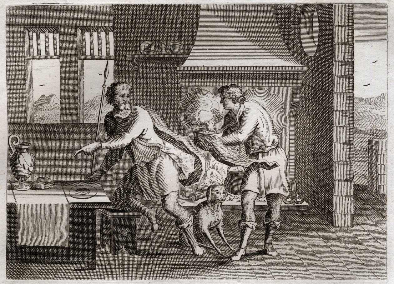 Bible of Royaumont, Old Testament: Jacob and Esau. Esau sells his brother Jacob his grandfather right for some lentils. Illustration from 1811. av Unknown artist