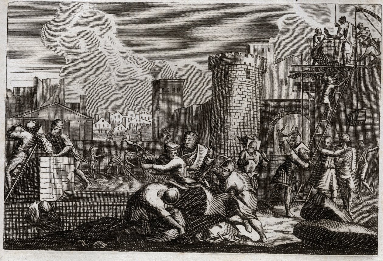 Bible of Royaumont, Old Testament: Jerusalem rebatie. King Artaxerxes I sent Nehemia to Jerusalem with permission to rebel all its walls. Illustration from 1811. av Unknown artist