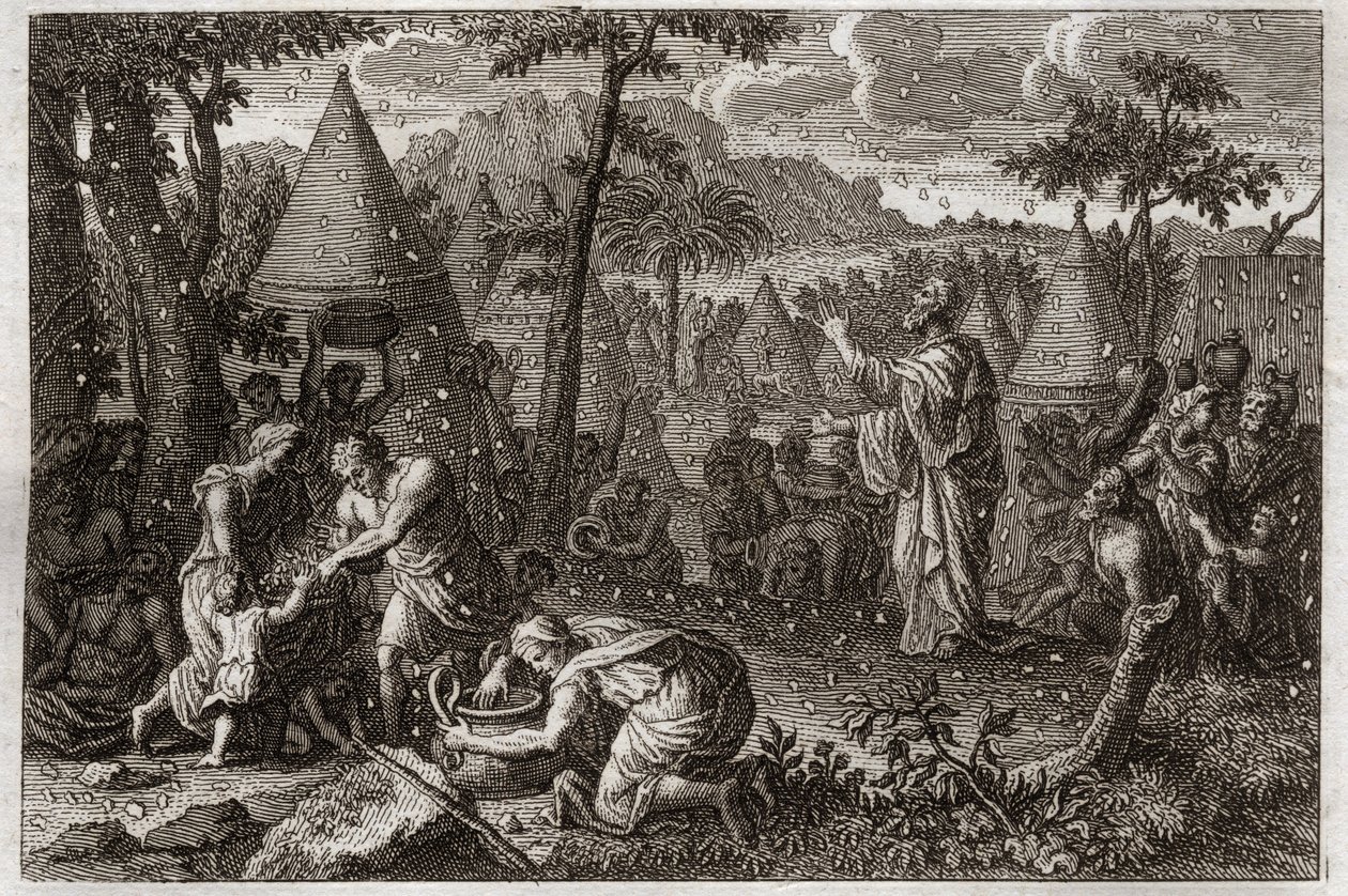 Bibelen til Royaumont, Det gamle testamente: Jøder i ørkenen (eller manna-opprøret). Gud lar manna falle fra himmelen i førti år. Illustrasjon fra 1811. av Unknown artist