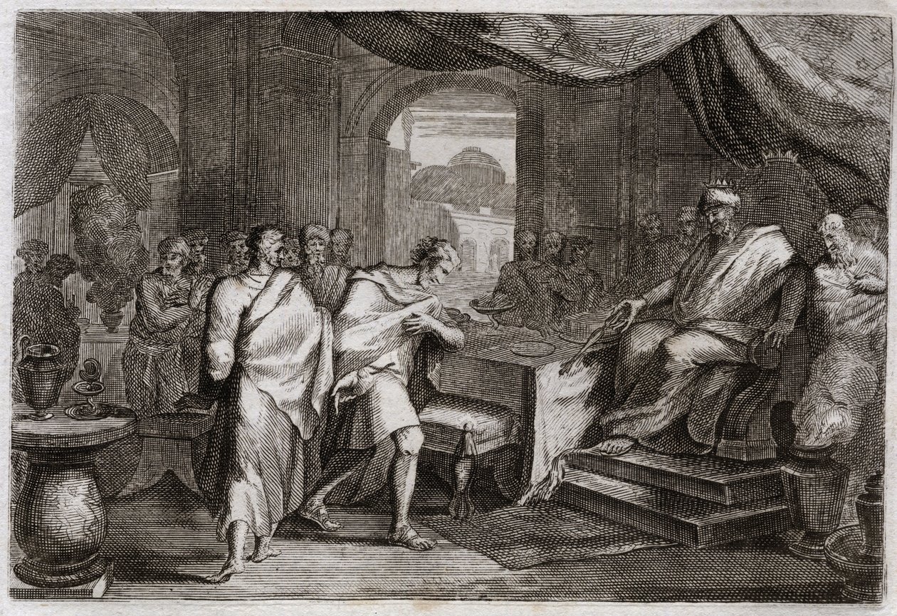 Bibelen til Royaumont, Det gamle testamente: Joachim skyter jern. Evilmerodach (Evil Merodac, Evil Merodac), konge av Babylon, etter Nebukadnesar IIs død, behandler Joakim (Joakim, Joachin, Jechoniah), en gang konge av Juda, og trekker ham fra jern for å s av Unknown artist