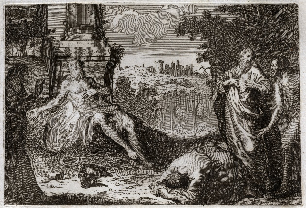 Bibelen til Royaumont, Det gamle testamente: Job på gjødsel. Den hellige mannen Job blir fristet av demonen som tar bort alt hans gode og alle hans barn, og slår ham med et forferdelig sår, og lar ham bare hans kone bære ham utålmodig. Illustrasjon fra 181 av Unknown artist