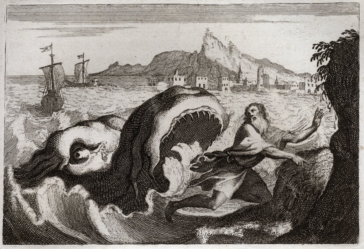 Bibelen til Royaumont, Det gamle testamente: Jona i hvalen. Profeten Jonas bor i en hval, og kommer ut i live. Illustrasjon fra 1811. av Unknown artist