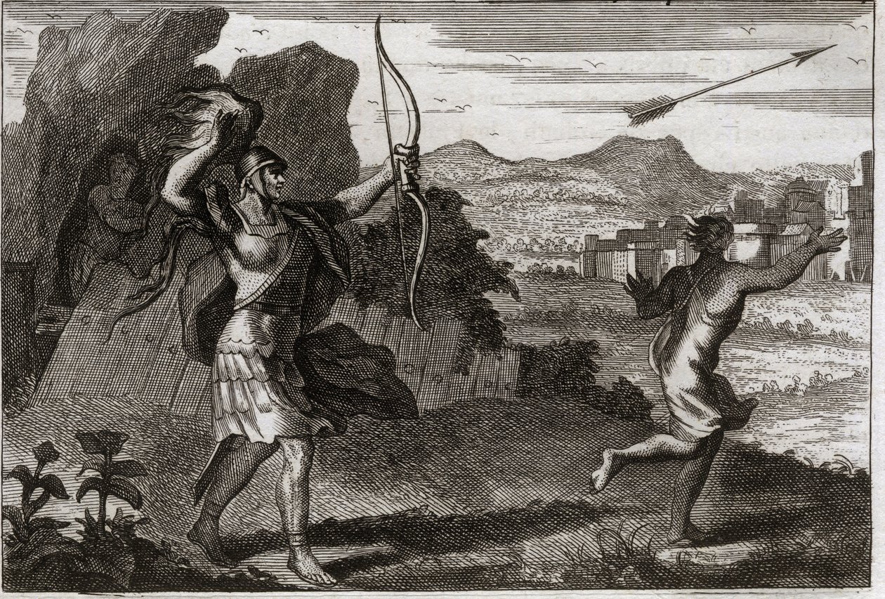 Bibelen til Royaumont, Det gamle testamente: Jonathan og David. Og da Jonatan så farens bitterhet, advarte Saul ham til å trekke seg tilbake. Illustrasjon fra 1811. av Unknown artist