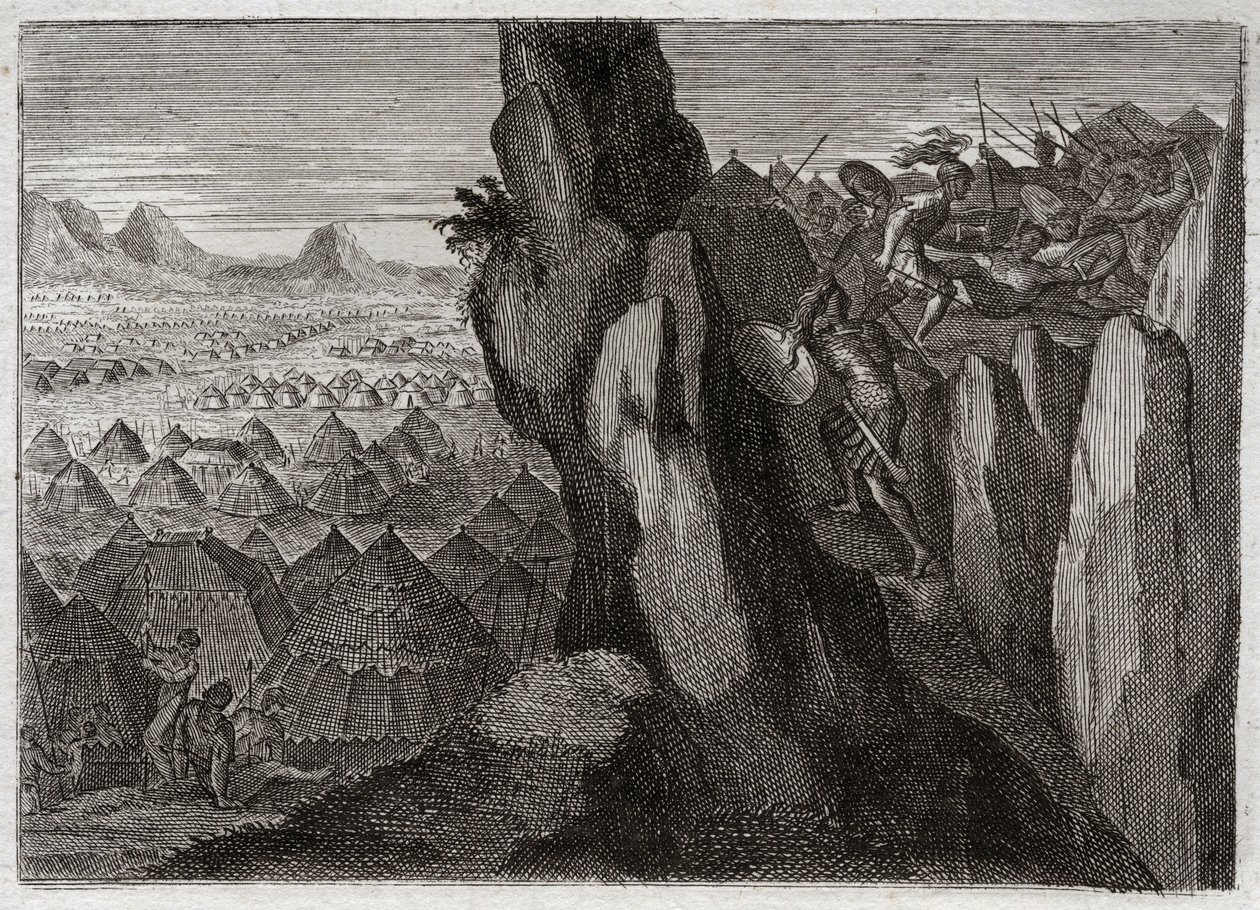Bible of Royaumont, Old Testament: Jonathan and his Ecuyer. Jonathan, the son of King Saul, goes alone with his Ecuyer into the camp of the Philistines, and puts them on flight. Illustration from 1811. av Unknown artist