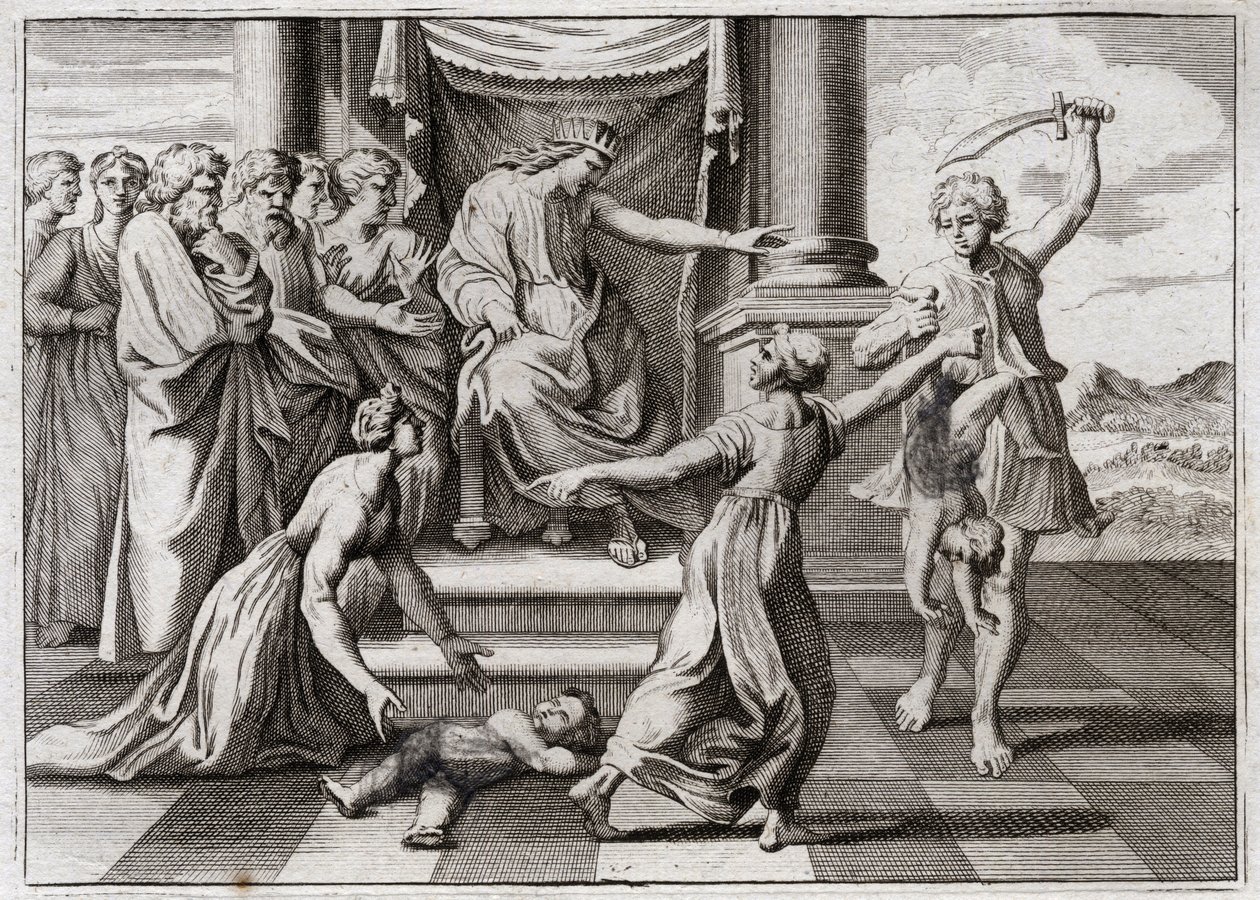 Bibelen til Royaumont, Det gamle testamente: Salomos dom. Salomos berømte dom mellom to kvinner, for å gjenkjenne hvem av de to som var mor til et barn, som begge hevdet å være henne. Illustrasjon fra 1811. av Unknown artist