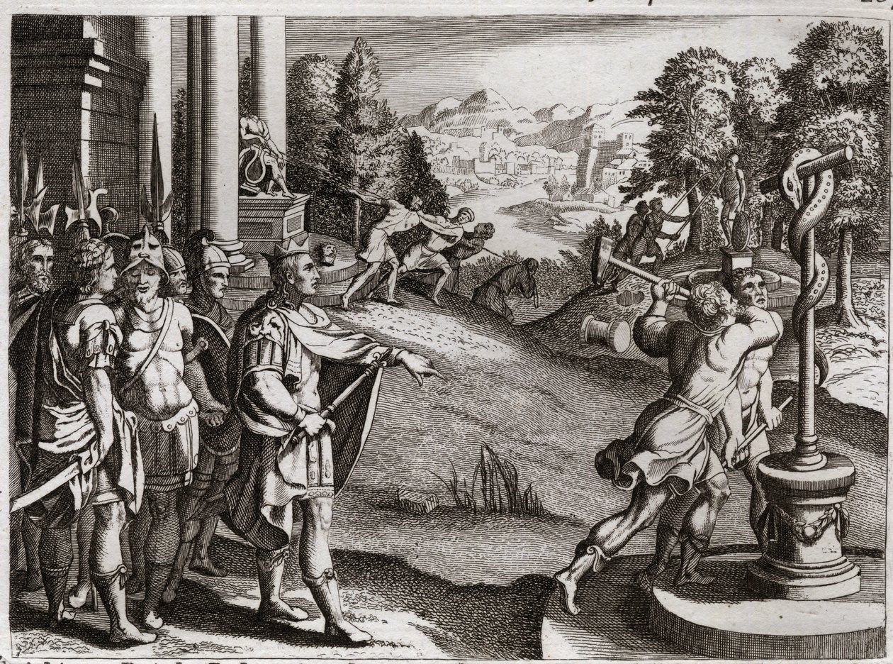 Bible of Royaumont, Old Testament: King Ezechias. Ezekiah, King of Judah, applies to the worship of God and causes the idols that his people worshipped before they became King. Illustration from 1811. av Unknown artist