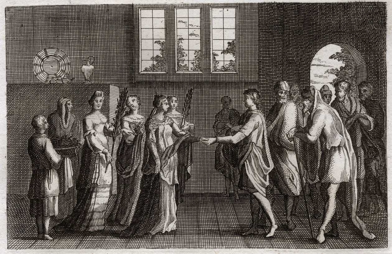 Bibelen til Royaumont, Det gamle testamente: Isaks ekteskap. Isak, sønn av Abraham, gifter seg med Rebecca. Illustrasjon fra 1811. av Unknown artist
