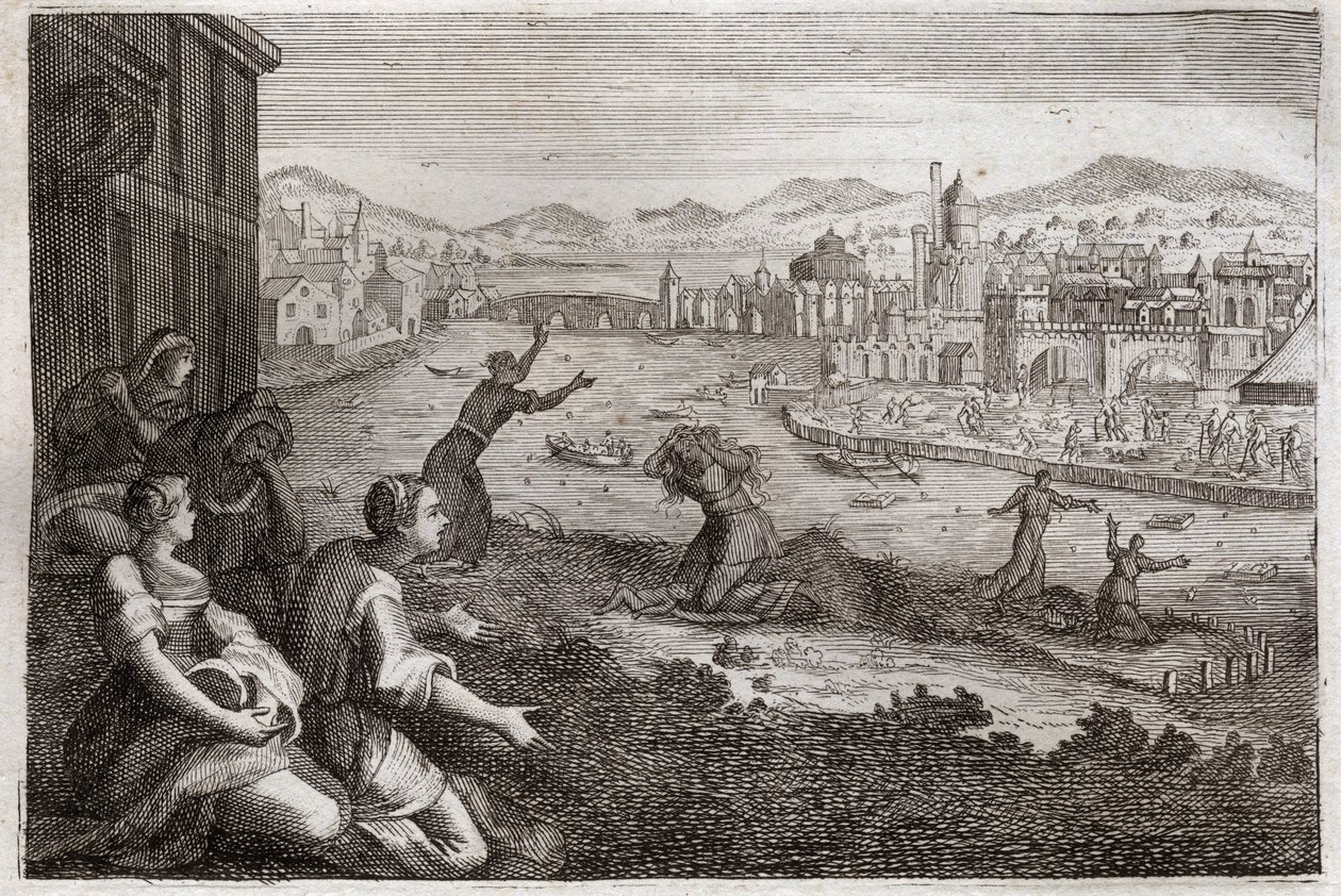 Bible of Royaumont, Old Testament: Midwives of Egypt. Pharaoh causes the male children of the Israelites to be thrown into the Nile. Illustration from 1811. av Unknown artist