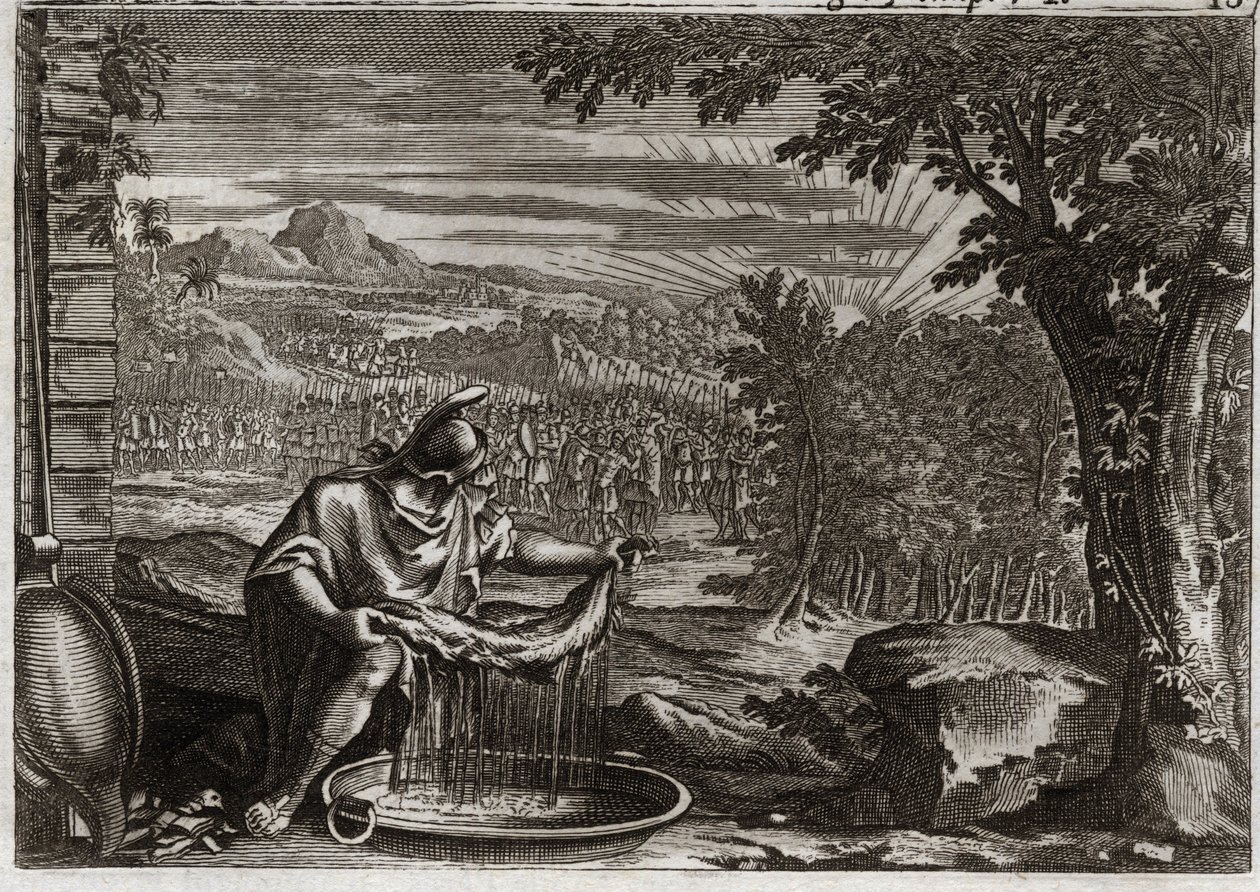 Bibelen til Royaumont, Det gamle testamente: skinnets mirakel. Gedeon (Gideon) fikk fra Gud ullets mirakel som bevis på at han hadde valgt det og at han ville gjøre det til folkets befrier. Illustrasjon fra 1811. av Unknown artist