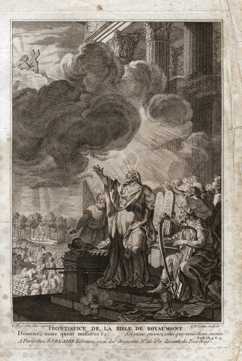 Bible of Royaumont, Old Testament: Moses addressing God (“Lord, send whom you must send”). Frontispice. Illustration from 1811. av Unknown artist