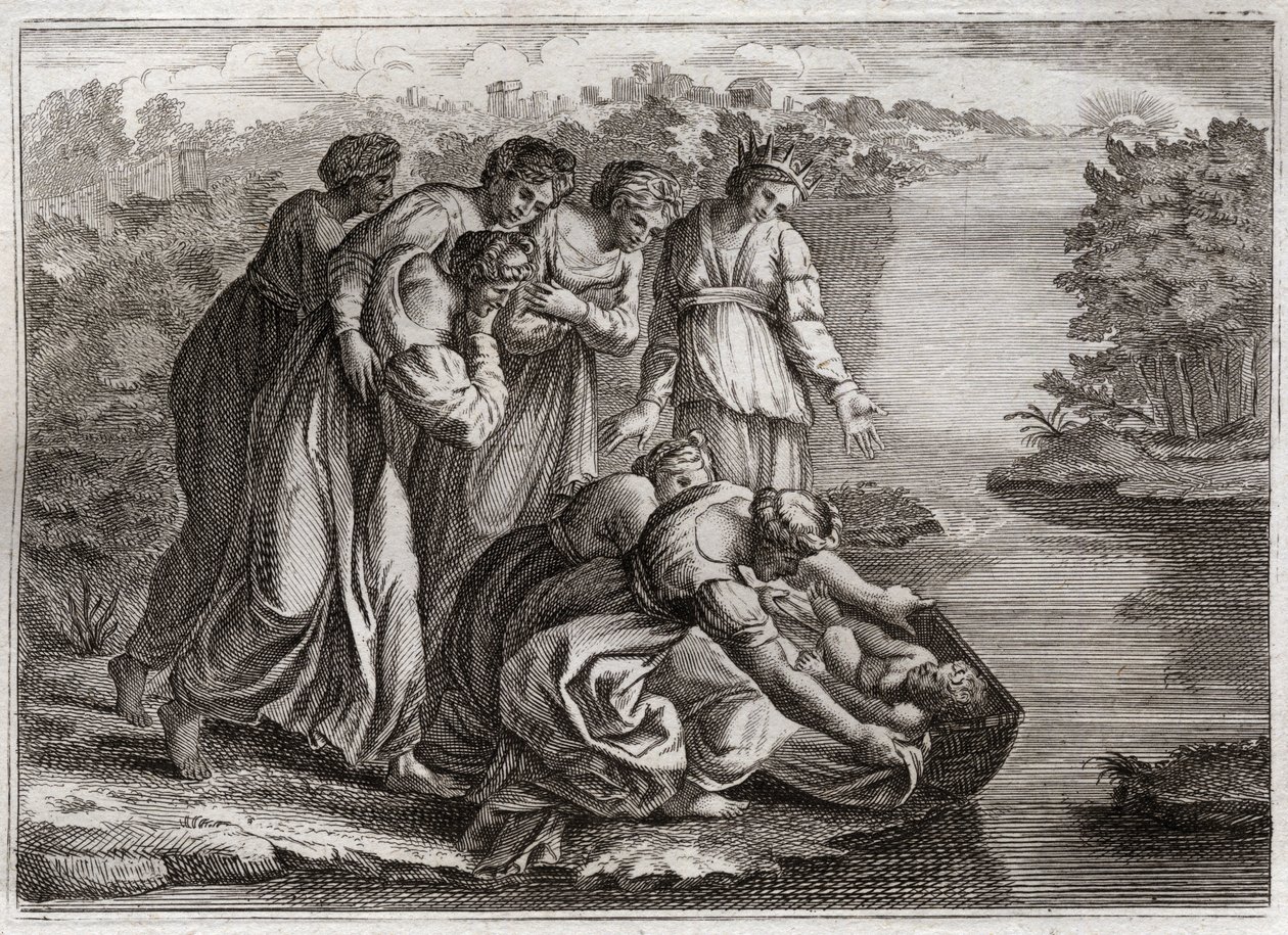 Bibelen til Royaumont, Det gamle testamente: Moses redder vann. Faraos datter trakk Moses tilbake fra Nilens vann og adopterte ham til sin sønn. Illustrasjon fra 1811. av Unknown artist