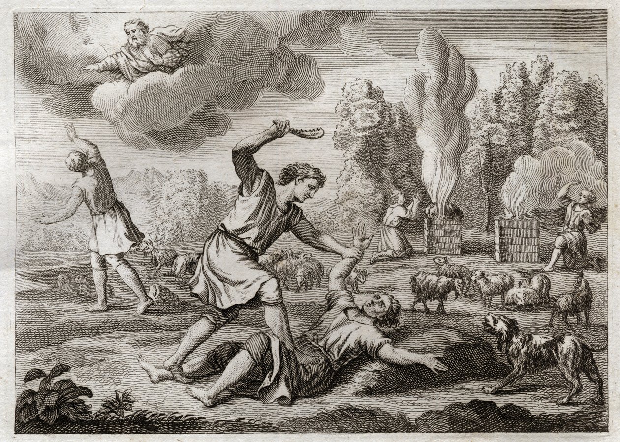 Bibelen til Royaumont, Det gamle testamente: Mordet på Abel. Kain bærer sin bror med misunnelse mot Abel, tar ham med ut på landet som om han skulle gå, og dreper ham. Illustrasjon fra 1811. av Unknown artist