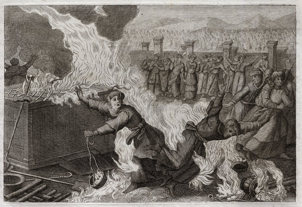 Bible of Royaumont, Old Testament: Nadab and Abiu. Nadab (Nadav) and Abiu (Abihou), the sons of Aaron, who set a foreign fire in their incenses, to offer incense unto God, were burned in the Tabernacle itself. Illustration from 1811. av Unknown artist