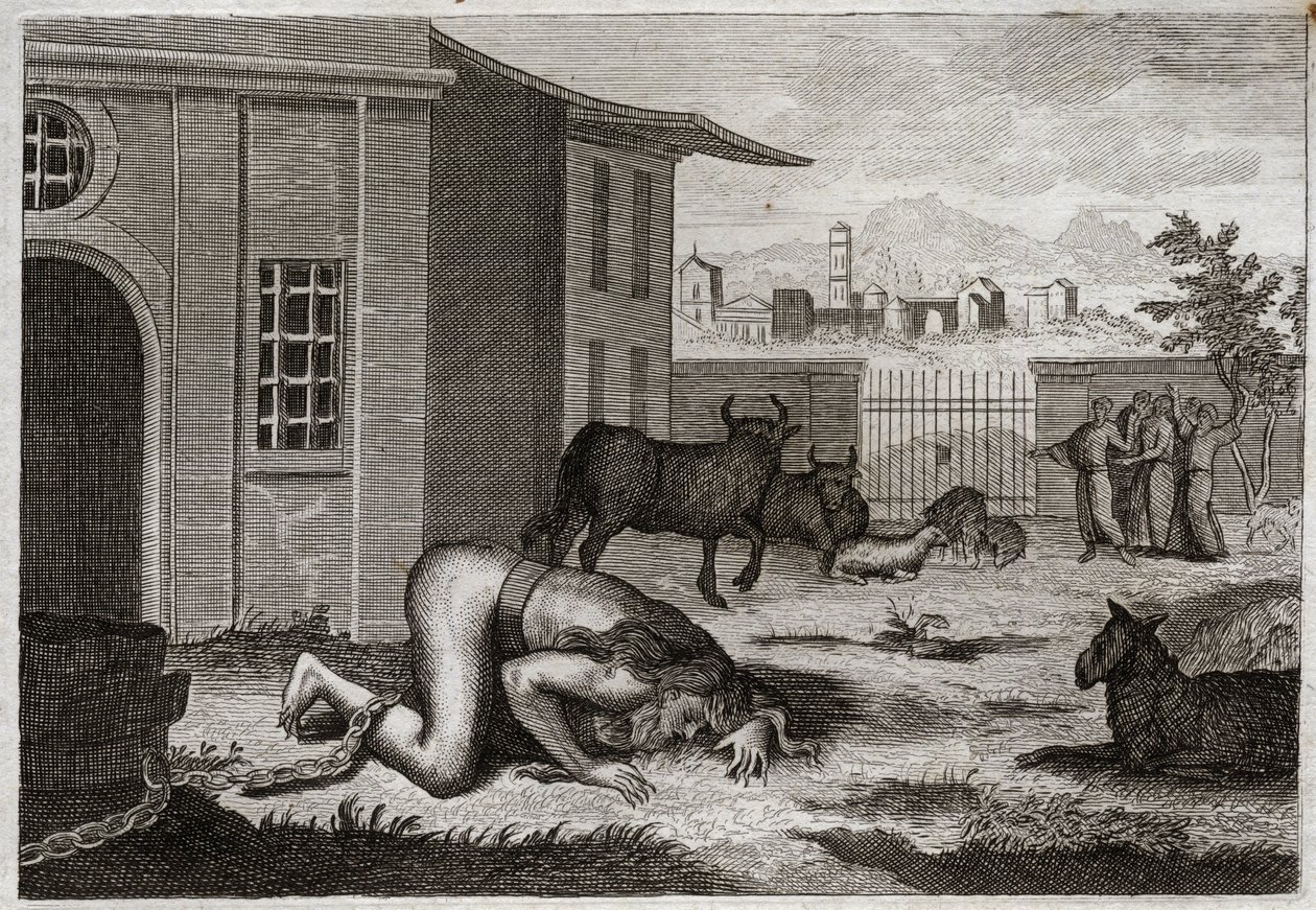 Bible of Royaumont, Old Testament: Nebuchadnezzar changes to bete. King Nebuchadnezzar II by just punishment for his pride is changed into bete. Illustration from 1811. av Unknown artist