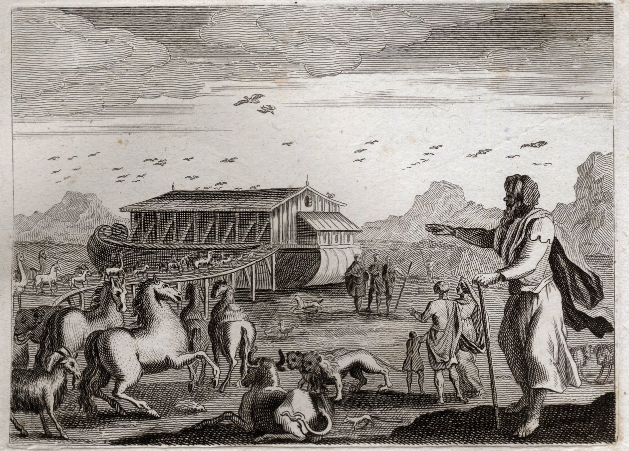Bibelen til Royaumont, Det gamle testamente: Noahs ark. Gud, som er sint på menneskers overtredelser, bestemmer seg for å straffe alle med en syndflod; og for å redde Noe, som var rettferdig, befaler han ham å lage arken. Illustrasjon fra 1811. av Unknown artist