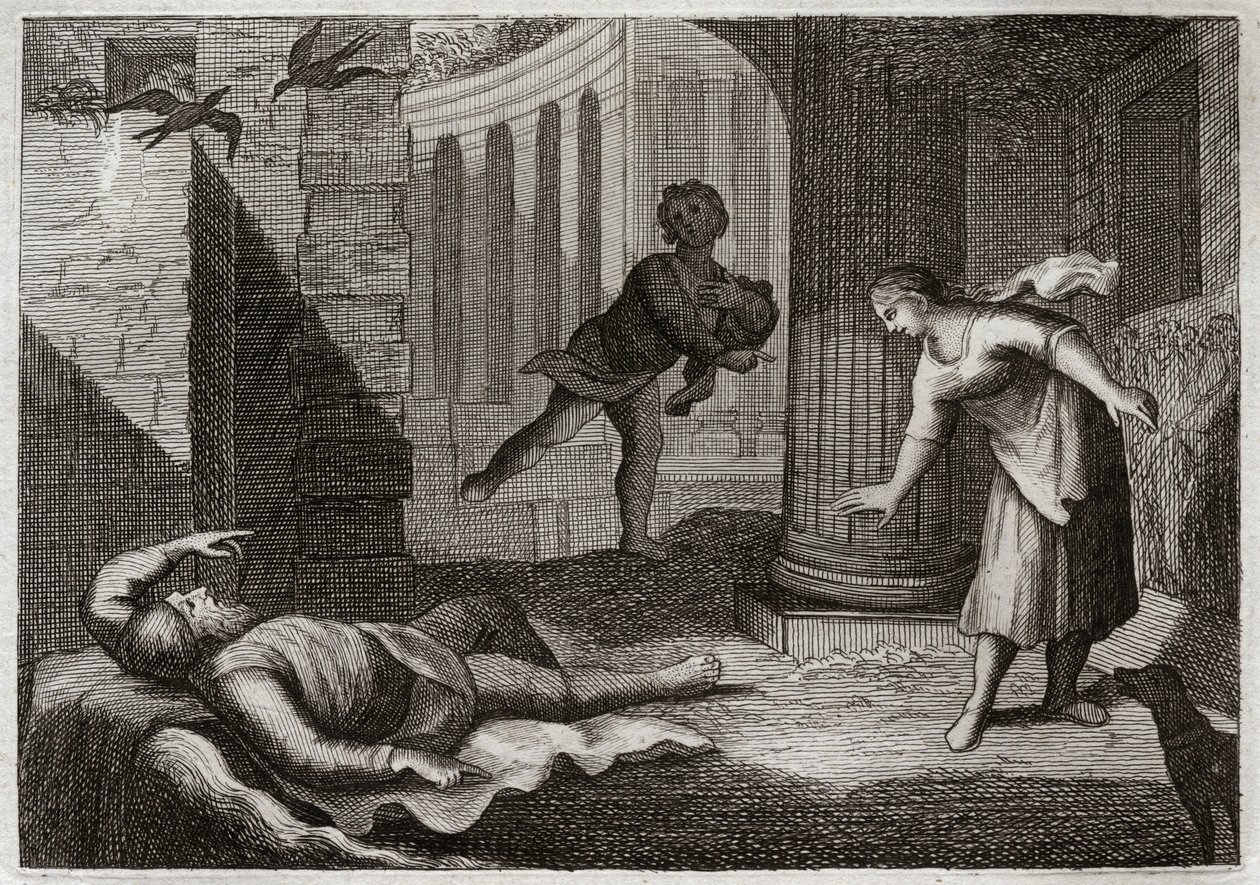 Bible of Royaumont, Old Testament: Old Tobie loses sight. The holy man Tobie loses sight, and suffers this evil with extreme patience. Illustration from 1811. av Unknown artist