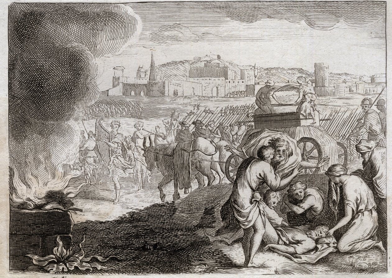 Bible of Royaumont, Old Testament: Oza strikes with God. David wants to bring the Ark of Covenant back home. Oza died, who put his hand there to stop him from falling. Illustration from 1811. av Unknown artist