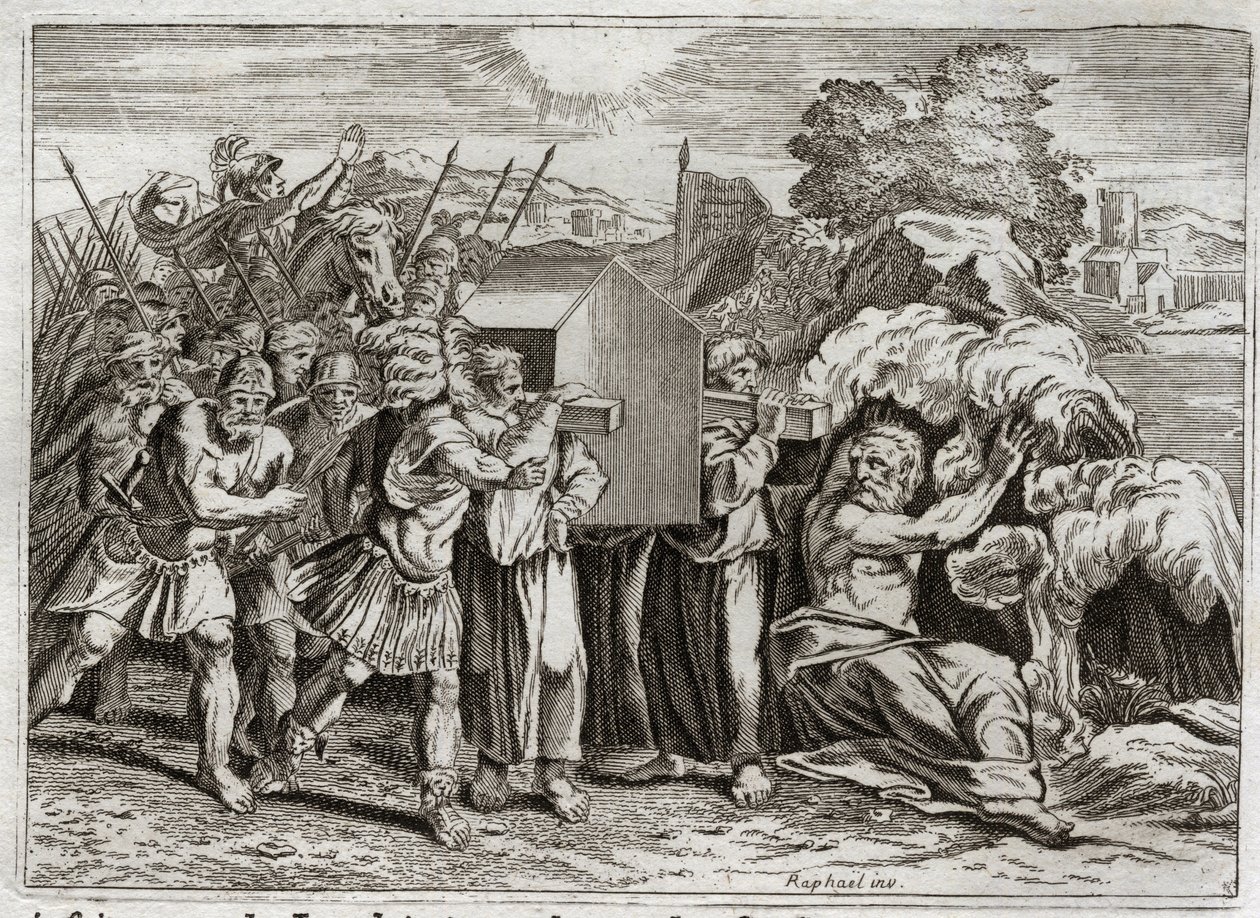 Bibelen til Royaumont, Det gamle testamente: passasje av Jordan. Josva bringer Jordan til hele folket. Denne elven tørker ut, og prestene som bar paktens ark, kom inn i den; og vannet steg opp og ble liggende som et fjell. Jeg av Unknown artist