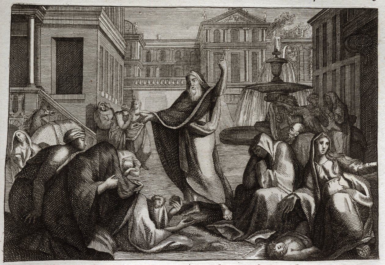 Bible of Royaumont, Old Testament: Penitence of the Ninivites. The inhabitants of Nineveh all penitence at the predication of Saint Prophete Jonah. Illustration from 1811. av Unknown artist