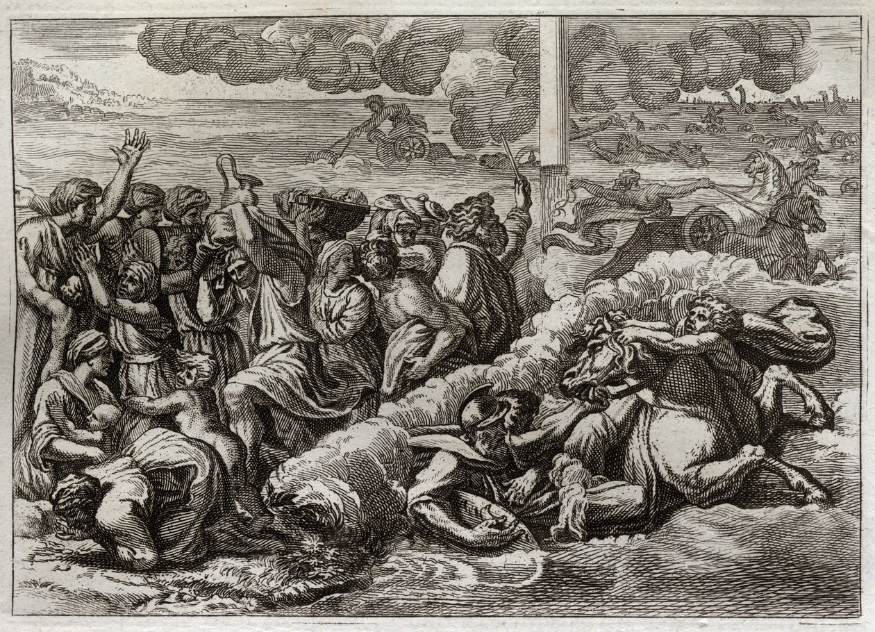 Bibelen til Royaumont, Det gamle testamente: Farao senker seg i Rødehavet. Passasjen av Rødehavet av Moses og hebreerne, og druknet Faraos hær. Illustrasjon fra 1811. av Unknown artist