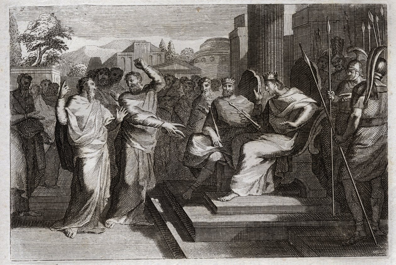 Bible of Royaumont, Old Testament: Piete of Josaphat. Jehoshaphat, the most pious king of Judah, makes all the princes that are round about him tremble, and testifies in various ways his piety toward God, which made him victorious over his enemies. Illustr av Unknown artist