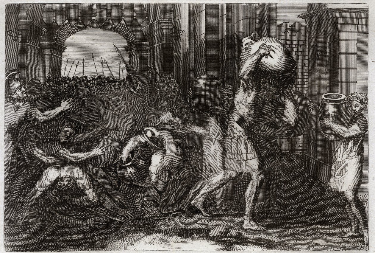 Bible of Royaumont, Old Testament: Prediction of Elisee. A Lord of Samaria, having misled the words of Elisee, is crowded at his feet. Illustration from 1811. av Unknown artist