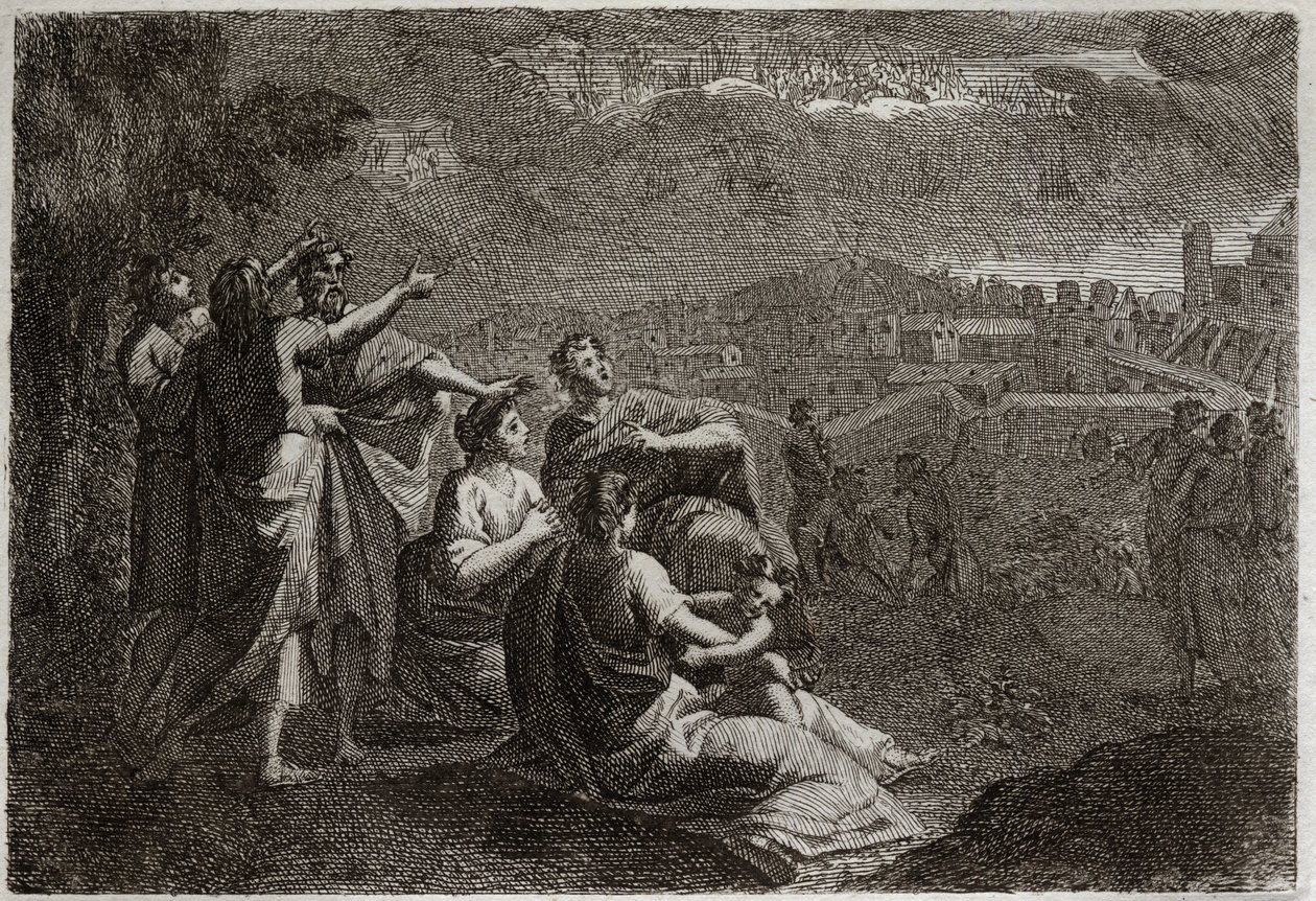 Bibelen til Royaumont, Det gamle testamente: spådommer om Jerusalem. Gud har gitt opp våpen i luften mot Jerusalem, for å tære på det onde som skulle smelte over henne. Illustrasjon fra 1811. av Unknown artist