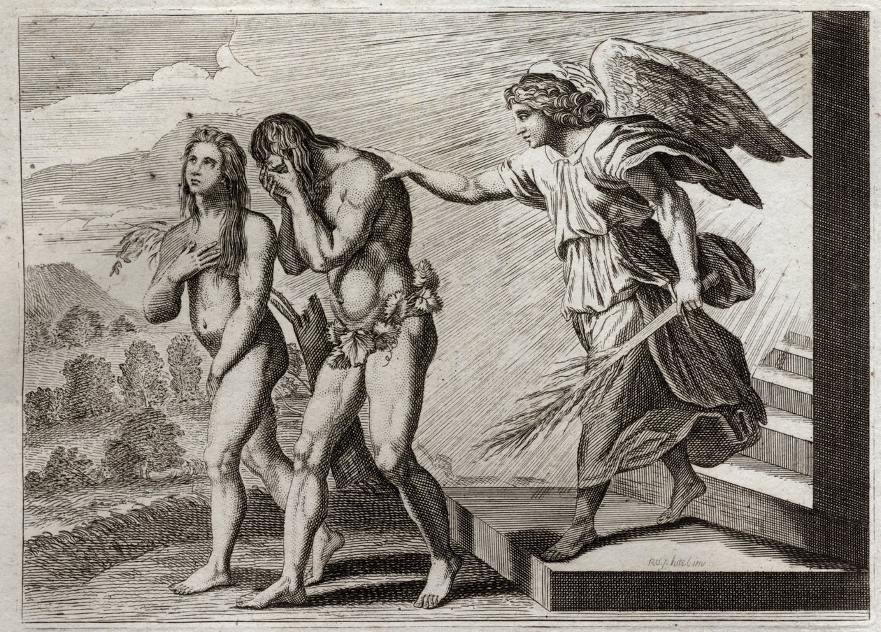 Bible of Royaumont, Old Testament: Punishment of Adam. God drives Adam and Eve out of Paradise after they fall, and puts a Cherubin at the door to defend their entrance. Illustration from 1811. av Unknown artist