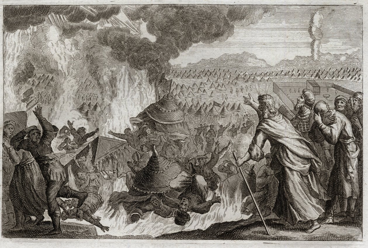 Bibelen til Royaumont, Det gamle testamente: straff for himmelsk ild. Core (Kore), Datan (Datan, Nathan) og Abriron (Abiram) som mumler mot Moses og påvirker herskeren Pretrise, blir alle ødelagt i live, og jorden åpner seg for å sluke dem. Episode av av Unknown artist