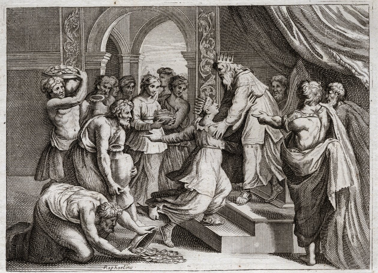Bible of Royaumont, Old Testament: Queen of Sheba. The Queen of Sheba comes to Solomon to listen to his wisdom and to offer him presents. Illustration from 1811. av Unknown artist