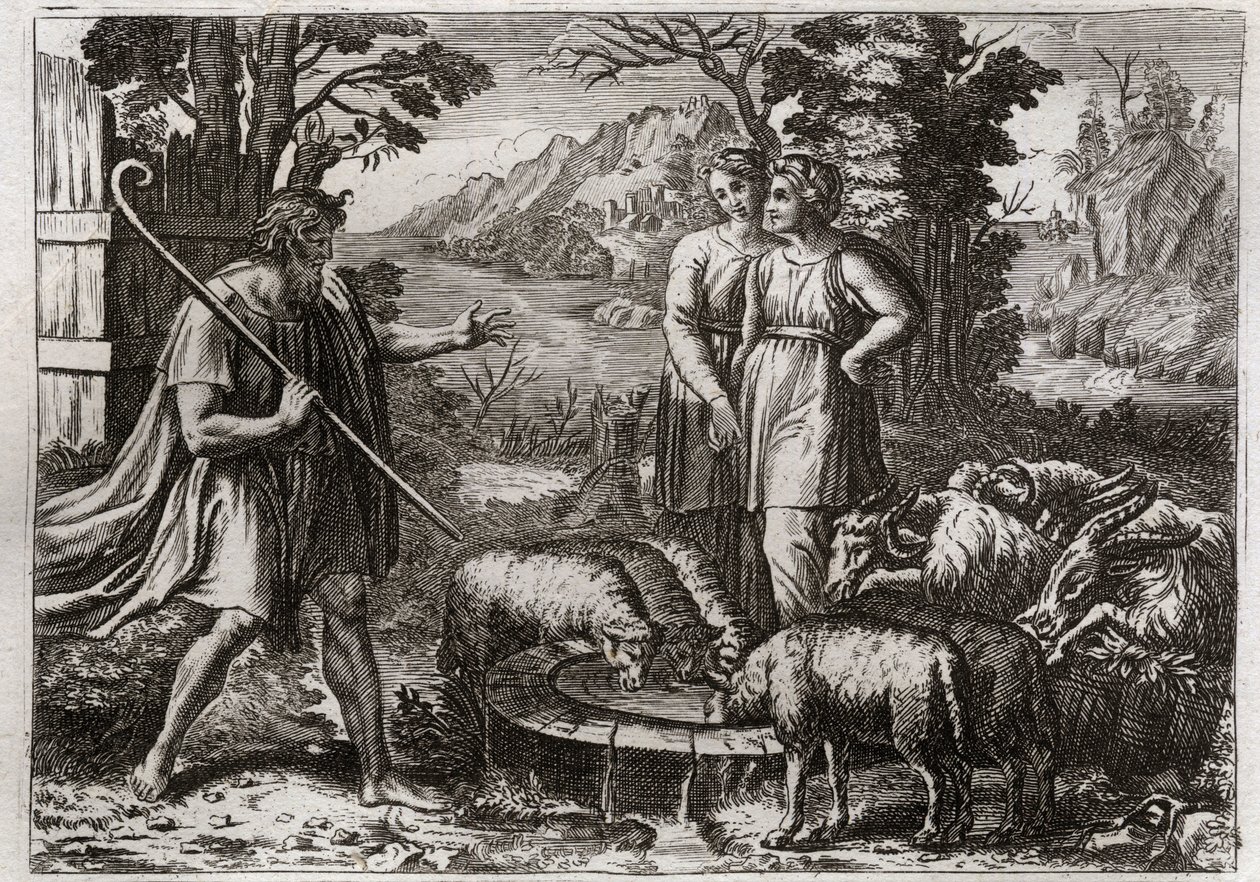 Bibelen til Royaumont, Det gamle testamente: Rachel og Lea. Jakob tjener Laban, onkelen hans, for å få datteren Rachel gift. Illustrasjon fra 1811. av Unknown artist