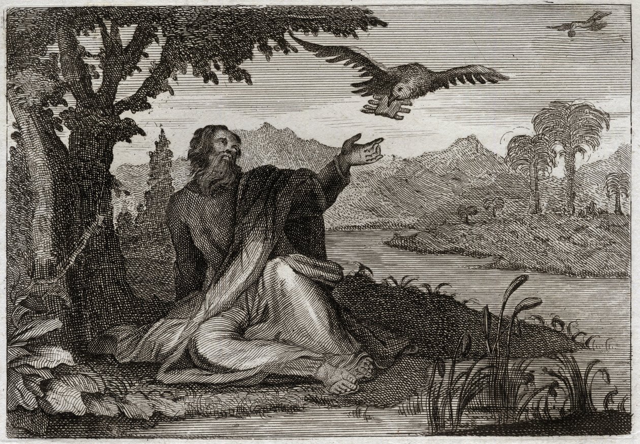 Bibelen til Royaumont, Det gamle testamente: Ravens of Elijah. Gud slo jorden med en tre år gammel sterilitt, sendte profeten Elia ved en bekk, eller to kråker brakte ham mat. Illustrasjon fra 1811. av Unknown artist