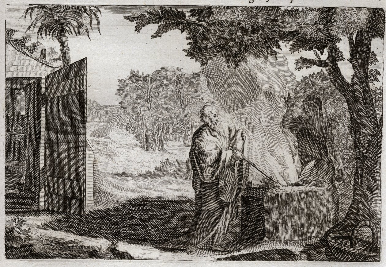 Bible of Royaumont, Old Testament: Sacrifice of Gedeon. Gedeon (Gideon) is called by God to take away the Jews from their enemies. He offers a sacrifice on a stone, from which he comes out a fire that consumes it. Illustration from 1811. av Unknown artist