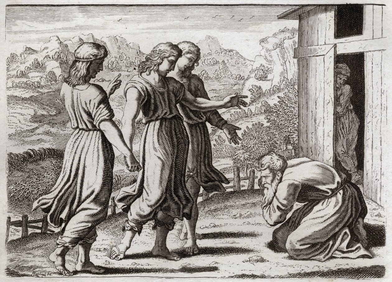 Bibelen til Royaumont, Det gamle testamente: Sara samler Isak. Abraham mottar tre engler som lover Sara (Sarah) at hun skal få en sønn om et år. Illustrasjon fra 1811. av Unknown artist