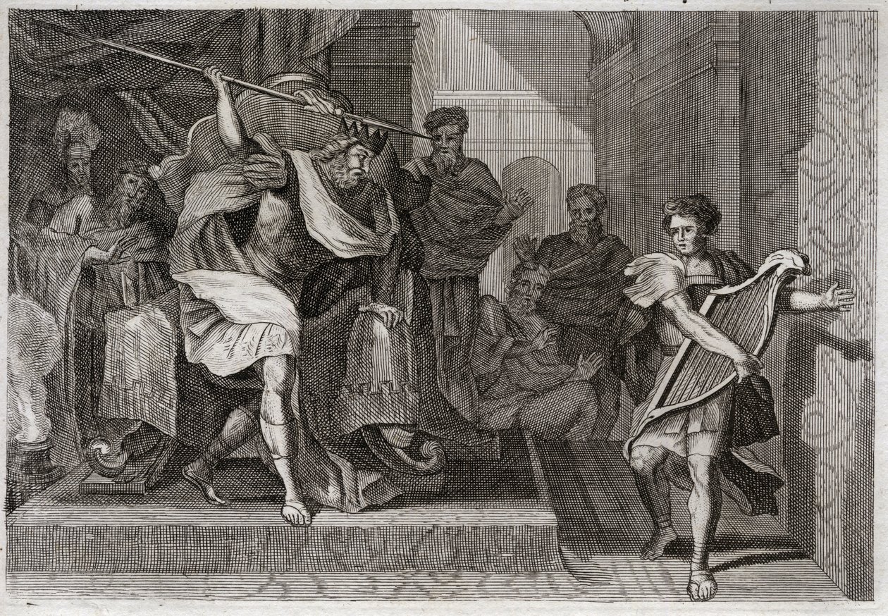 Bibelen til Royaumont, Det gamle testamente: Saul vil drepe David. Saul full av sinne og misunnelse mot David, vil stikke hull på spydet hans da han spilte på harpe foran ham. Illustrasjon fra 1811. av Unknown artist