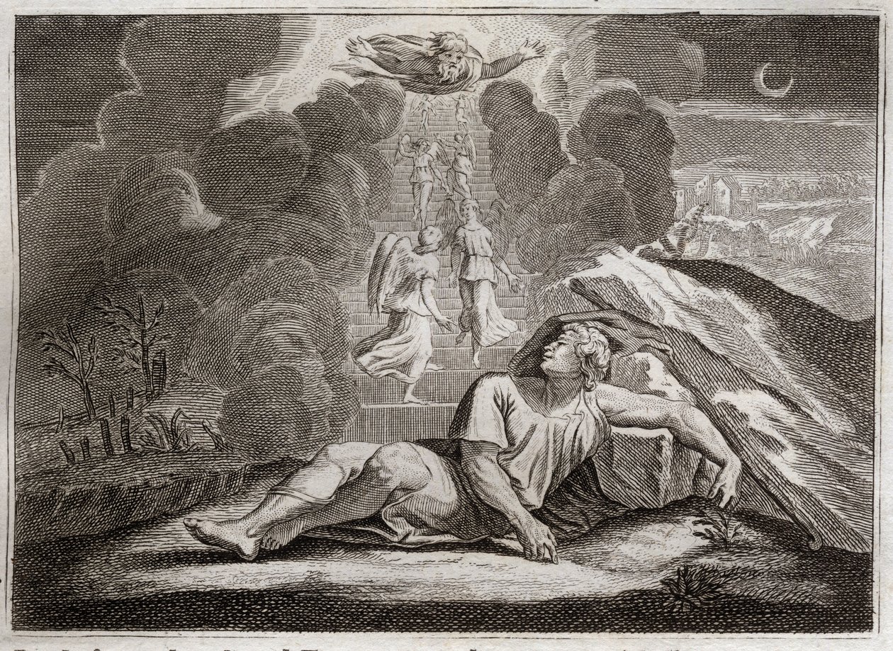 Bibelen til Royaumont, Det gamle testamente: Jakobs målestokk. Jakob flykter fra Esaus sinne og lever i en mystisk stige. Illustrasjon fra 1811. av Unknown artist