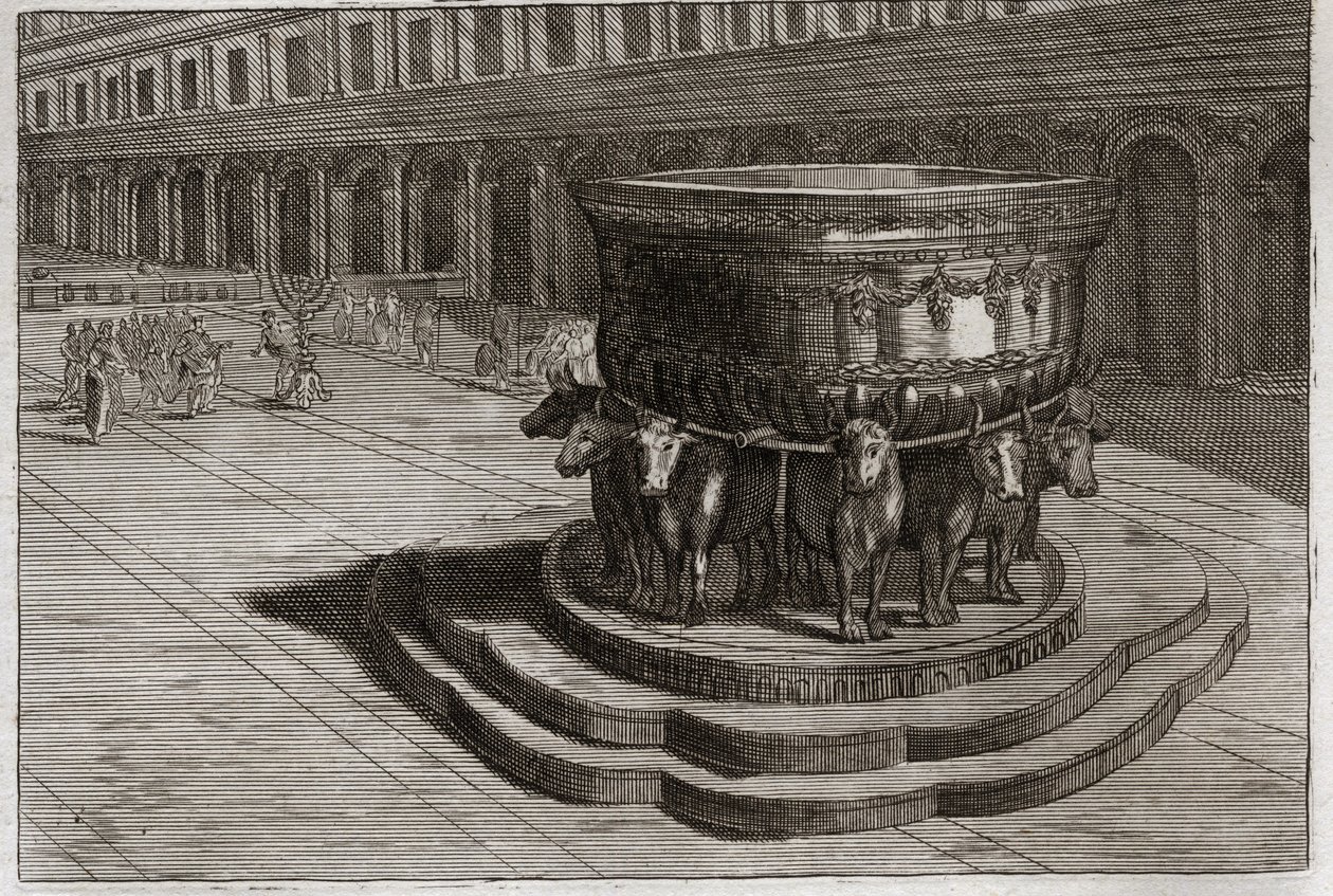 Bibelen til Royaumont, Det gamle testamente: Søt hav. Støpejern kaller vanligvis The Sea of brazen for å vaske føttene og hendene til prestene når de går inn i templet. Illustrasjon fra 1811. av Unknown artist
