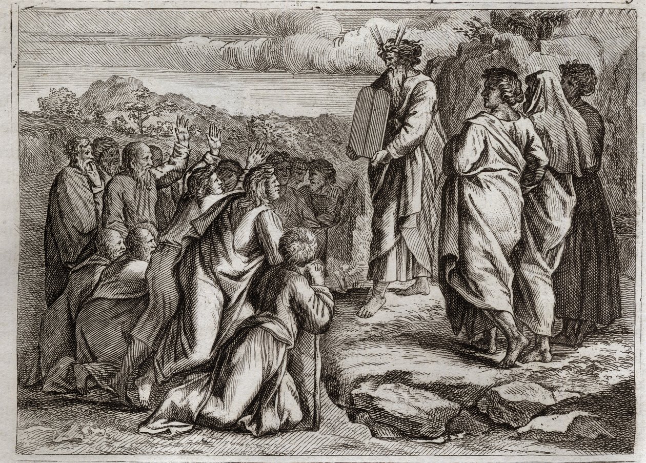 Bibelen til Royaumont, Det gamle testamente: Lovens andre tabeller. Gud gir Moses andre bord (ti bud), som folket mottar med respekt. Illustrasjon fra 1811. av Unknown artist
