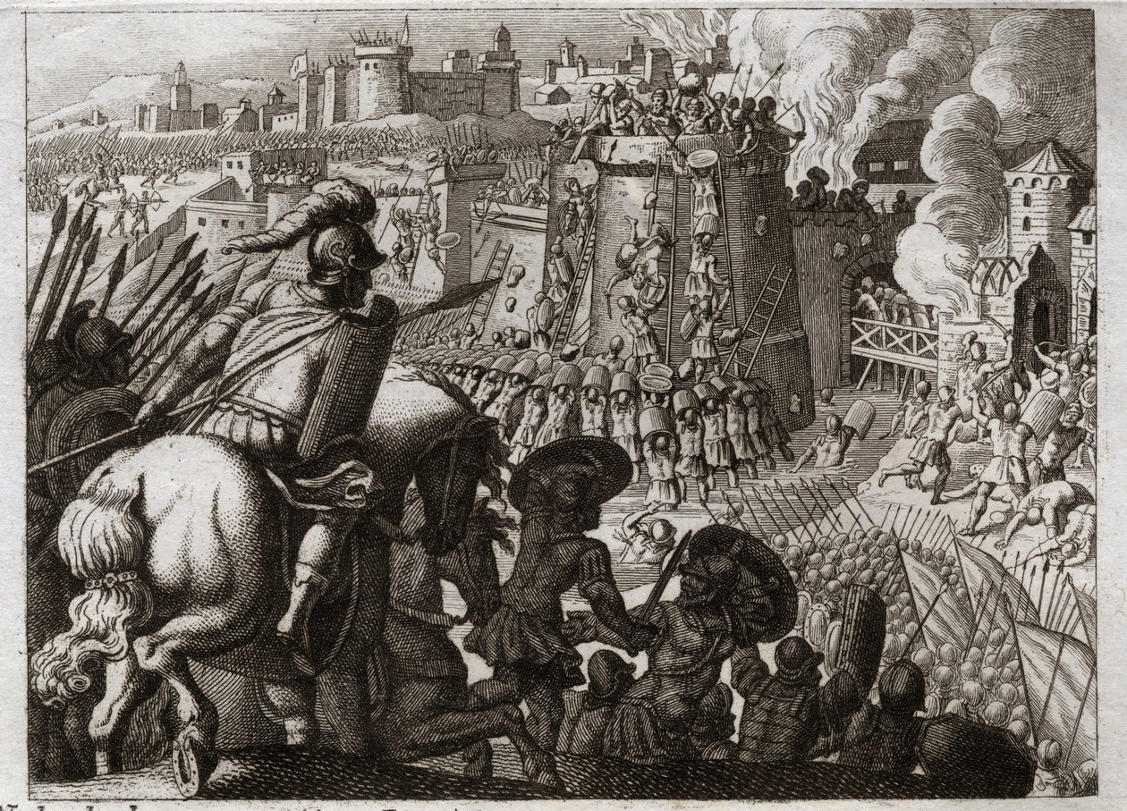 Bibelen til Royaumont, Det gamle testamente: Beleiring av Jerusalem. Nebukadnesar II beleiret Jerusalem og inntok det og brakte all rikdommen og alle innbyggerne i den byen til Babylon. Illustrasjon fra 1811. av Unknown artist