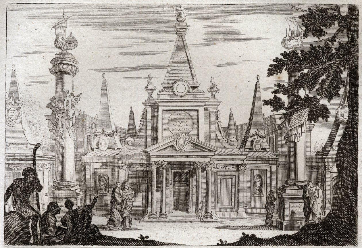 Bibelen til Royaumont, Det gamle testamente: Simon Pontiff. Simon Machabee (Maccabee, Macabee) etterfølger sin bror Jonathas (Jonathan), reiste en praktfull grav for sin far og hans brødre, og ble drept i forræderi. Illustrasjon fra 1811. av Unknown artist