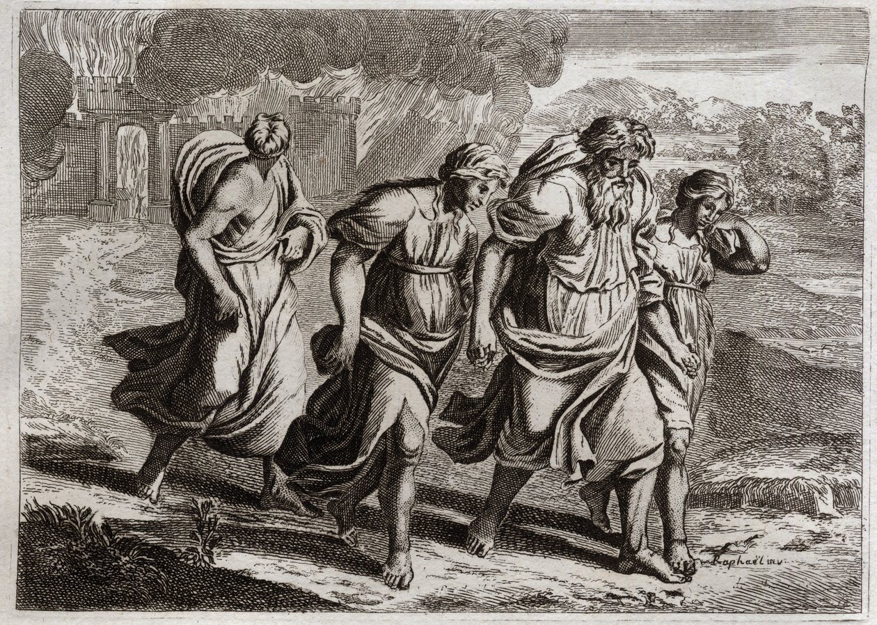 Bibelen til Royaumont, Det gamle testamente: Sodom brulee. Gud irriterer Sodomas avskyelige forbrytelser, brenner det sammen med de andre nabobyene, med et regn av ild og svovel som han brenner fra himmelen (Loth, døtrene hans og kona flykter fra byen). Il av Unknown artist