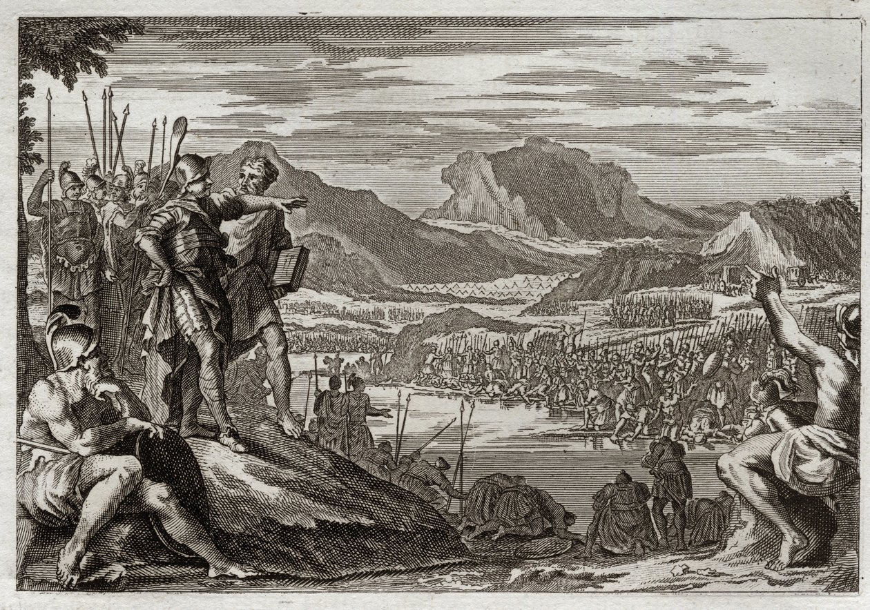 Bible of Royaumont, Old Testament: Soldiers of Gedeon. God commands Gedeon (Gideon) to lead all his troops to the Jordan River, and gives him a mark to discern those whom he was to use to fight against the Midianites. Illustration from 1811. av Unknown artist