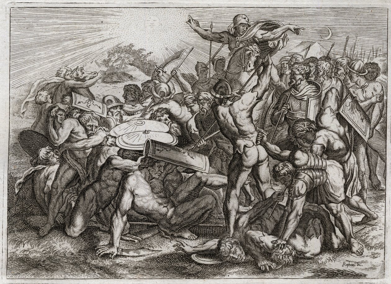 Bibelen til Royaumont, Det gamle testamente: Sun Stop. Joshua som jager sine amorittiske fiender (amorritter) får solen til å stoppe, slik at han kan få mer tid til å angre dem. Illustrasjon fra 1811. av Unknown artist