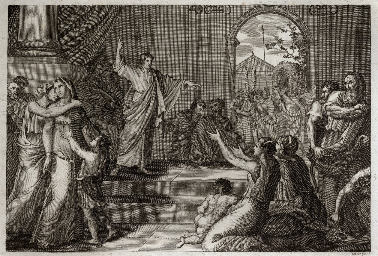 Bible of Royaumont, Old Testament: Susanne delivree. God uses the wisdom of young Daniel to delivate Susanne from death, to which she had been unjustly condemned. Illustration from 1811. av Unknown artist
